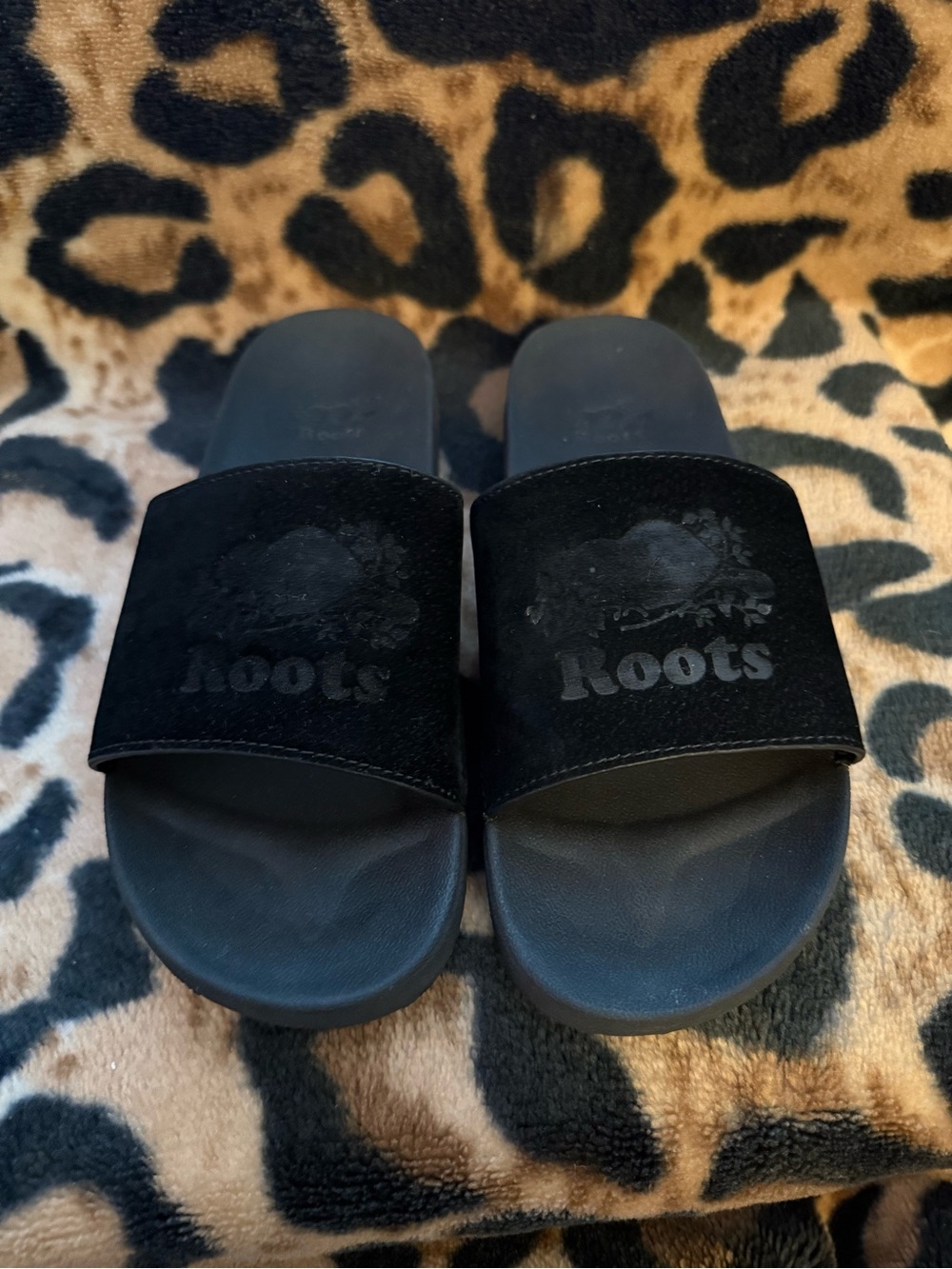 Roots Black Velvet Slide Sandals
